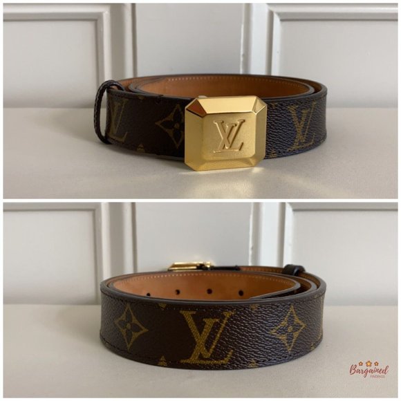 Authentic Louis Vuitton Monogram Canvas Cabochon Gold Logo Buckle Belt 80/32 - Picture 3 of 13